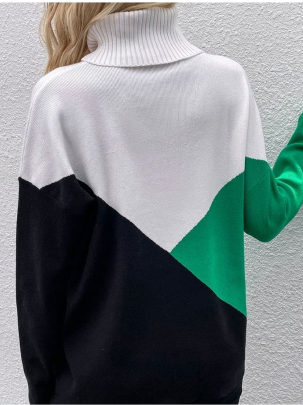 Colorblock Turtleneck Sweater in White, Green & Black - Picture 3 of 10